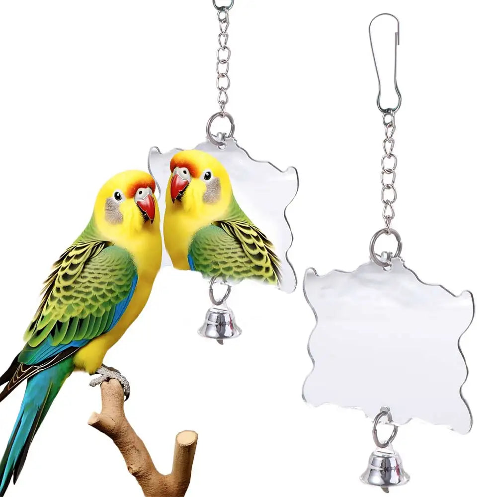 Acrylic Bird Cage Mirror Hanging Square Bell Toy Durable for Parrots Parakeets Cockatiels Finches - Pet Supplies Bird Accessory