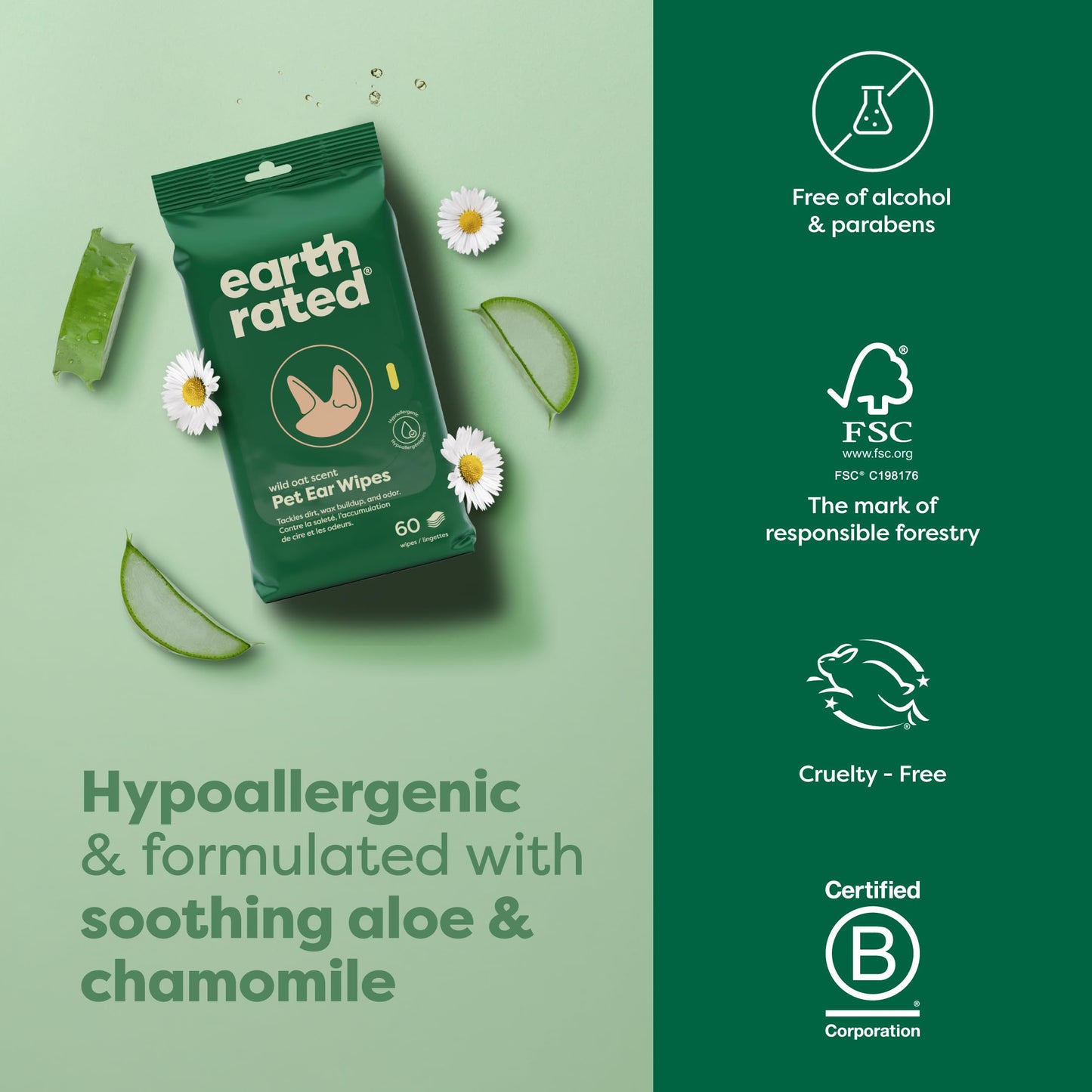 Earth Rated (A Canadian Company) Vet-Developed Pet Ear Wipes, Hypoallergenic Cleaner for Dogs & Cats Ears to Remove Dirt and Wax Build Up, Wild Oat Scent, 70 Count