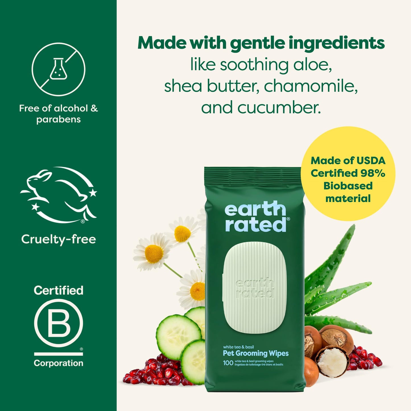 Earth Rated (A Canadian Company) Vet-Developed Pet Ear Wipes, Hypoallergenic Cleaner for Dogs & Cats Ears to Remove Dirt and Wax Build Up, Wild Oat Scent, 70 Count