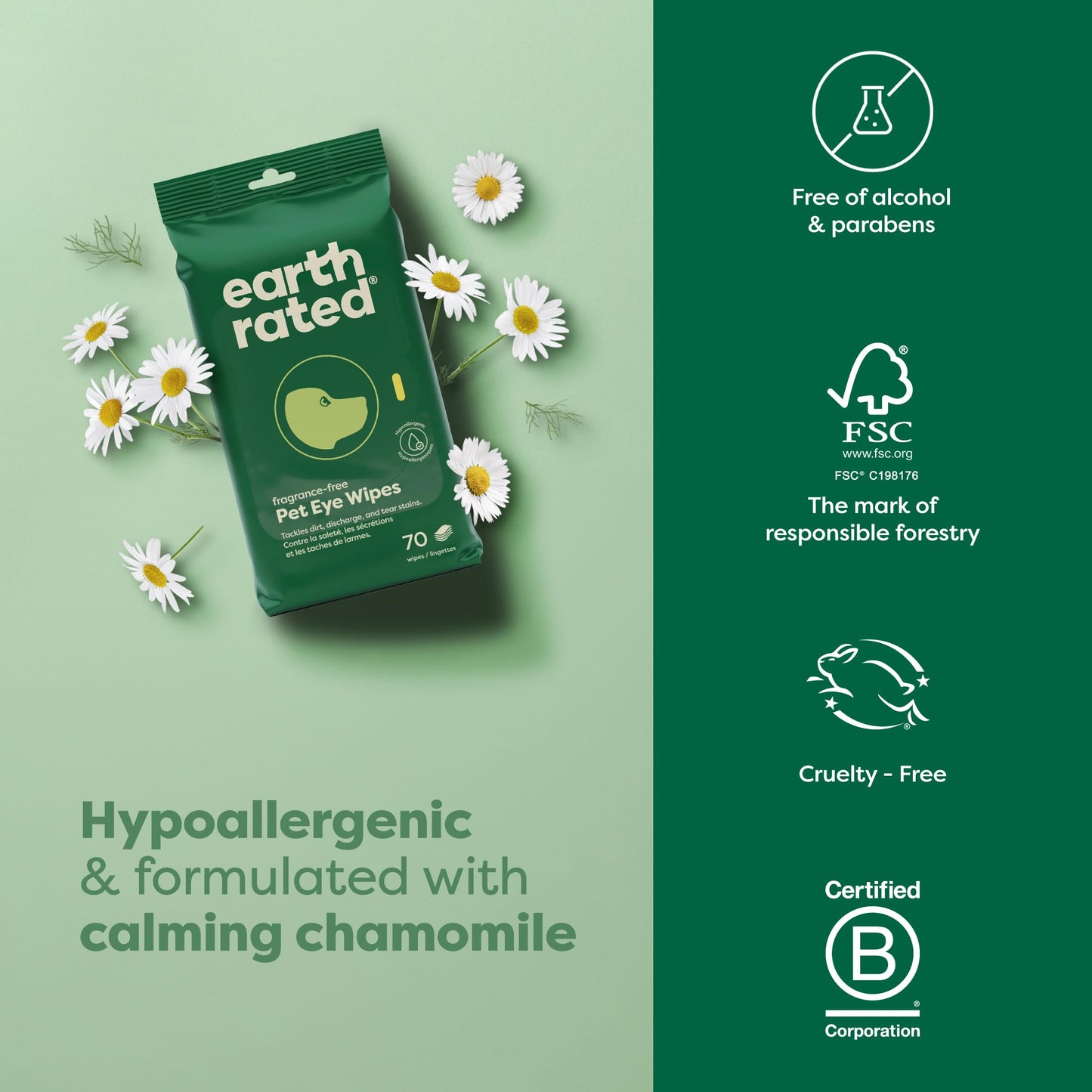 Earth Rated (A Canadian Company) Vet-Developed Pet Ear Wipes, Hypoallergenic Cleaner for Dogs & Cats Ears to Remove Dirt and Wax Build Up, Wild Oat Scent, 70 Count