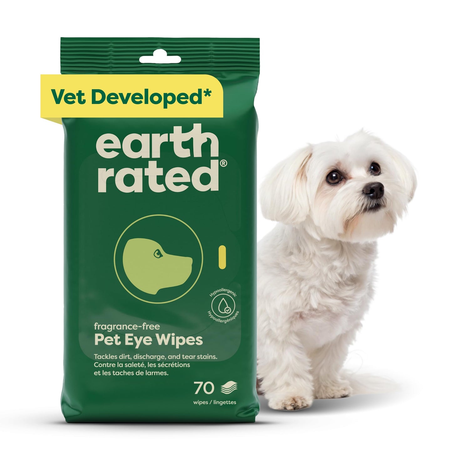 Earth Rated (A Canadian Company) Vet-Developed Pet Ear Wipes, Hypoallergenic Cleaner for Dogs & Cats Ears to Remove Dirt and Wax Build Up, Wild Oat Scent, 70 Count