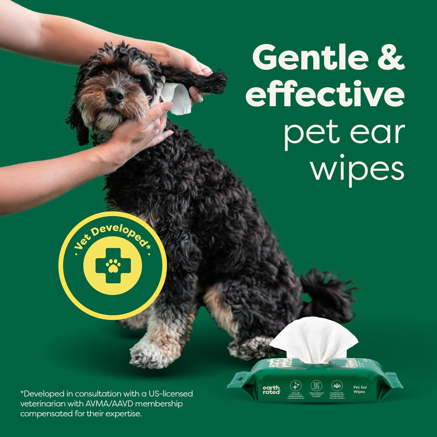 Earth Rated (A Canadian Company) Vet-Developed Pet Ear Wipes, Hypoallergenic Cleaner for Dogs & Cats Ears to Remove Dirt and Wax Build Up, Wild Oat Scent, 70 Count