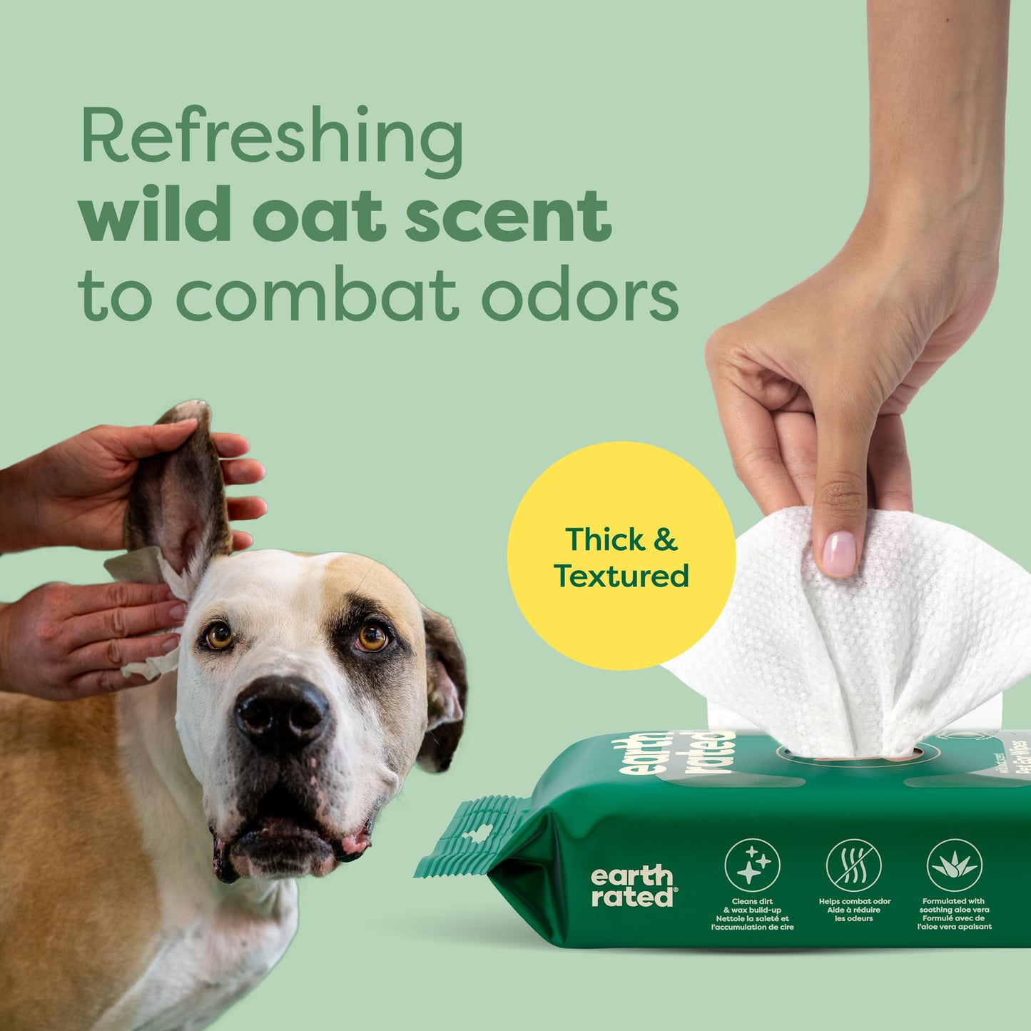 Earth Rated (A Canadian Company) Vet-Developed Pet Ear Wipes, Hypoallergenic Cleaner for Dogs & Cats Ears to Remove Dirt and Wax Build Up, Wild Oat Scent, 70 Count