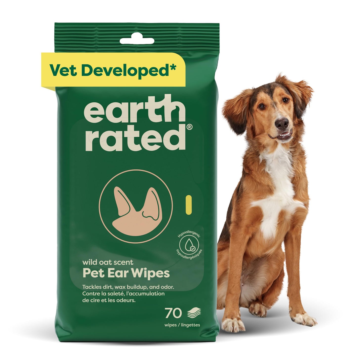 Earth Rated (A Canadian Company) Vet-Developed Pet Ear Wipes, Hypoallergenic Cleaner for Dogs & Cats Ears to Remove Dirt and Wax Build Up, Wild Oat Scent, 70 Count
