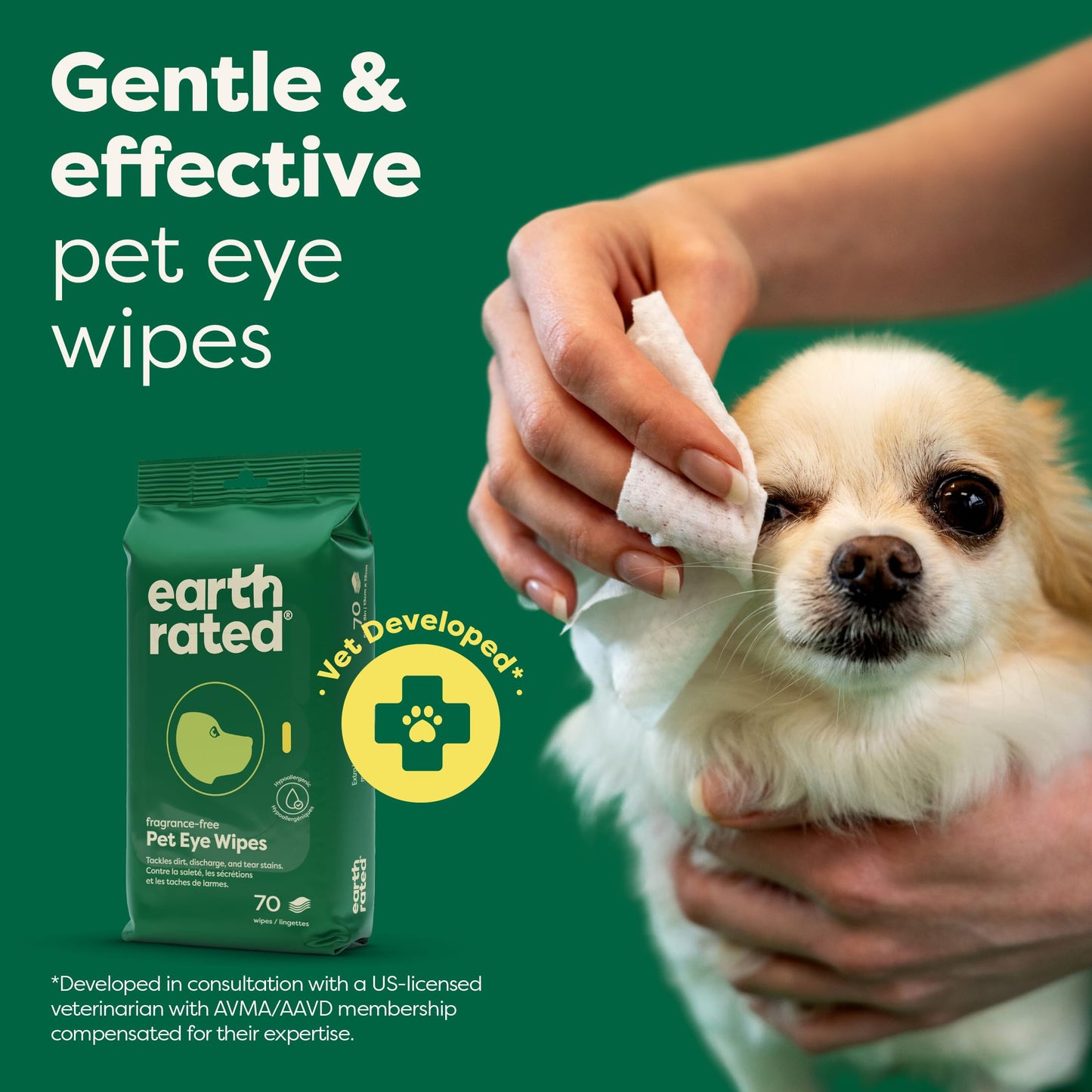 Earth Rated (A Canadian Company) Vet-Developed Pet Ear Wipes, Hypoallergenic Cleaner for Dogs & Cats Ears to Remove Dirt and Wax Build Up, Wild Oat Scent, 70 Count