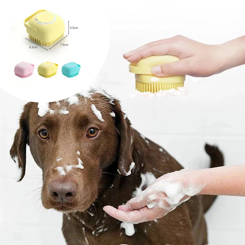 Silicone Bath Massage Grooming Brush with Shampoo Dispenser for Dogs & Cats