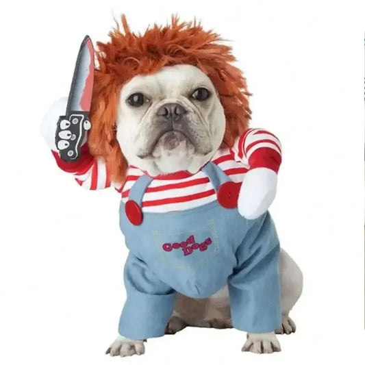 Halloween Dagger Pet Transformation Dress Funny Knife Holding Dog Clothes Cat Standing Outfit 100% Cotton Dog Jumpsuit Romper