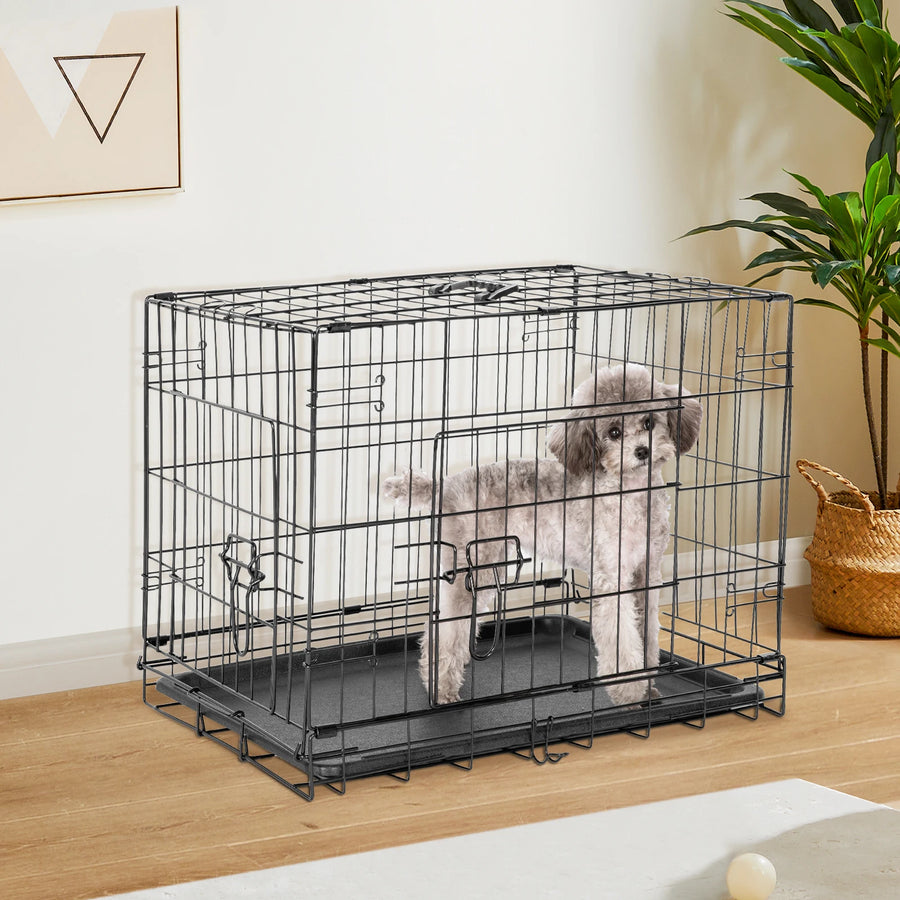 Double Door Folding Metal Wire Dog Cage with Plastic Leak-Proof Pan Tray