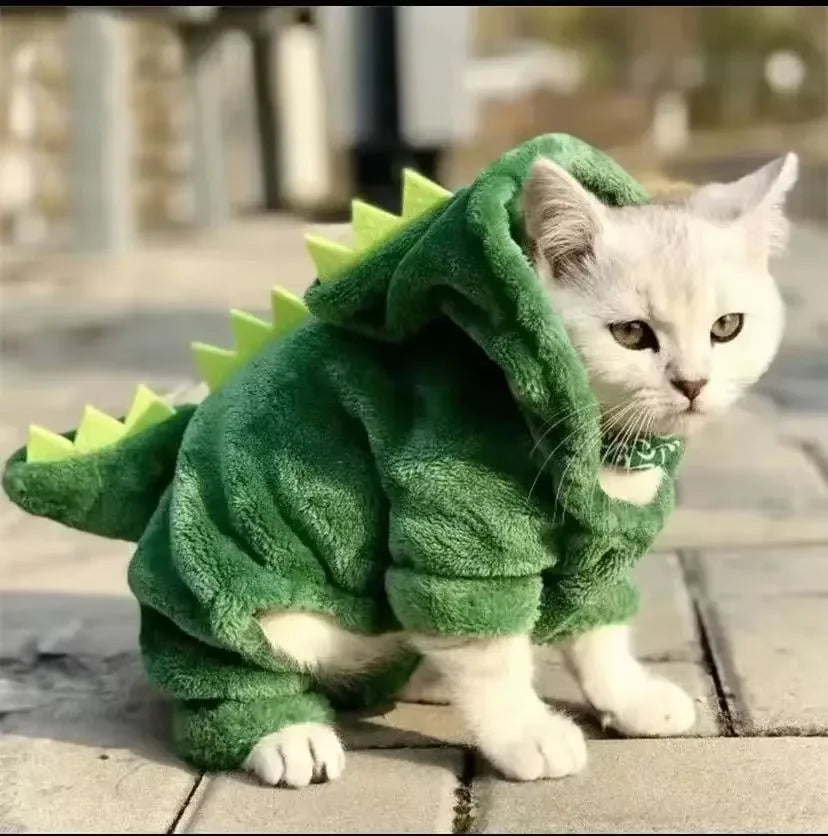 Halloween Dinosaur Cosplay Costume for Small Dogs & Cats - Warm Fleece Hoodie Sweater Pet Clothes Winter Pet Coat