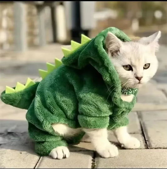 Halloween Dinosaur Cosplay Costume for Small Dogs & Cats - Warm Fleece Hoodie Sweater Pet Clothes Winter Pet Coat