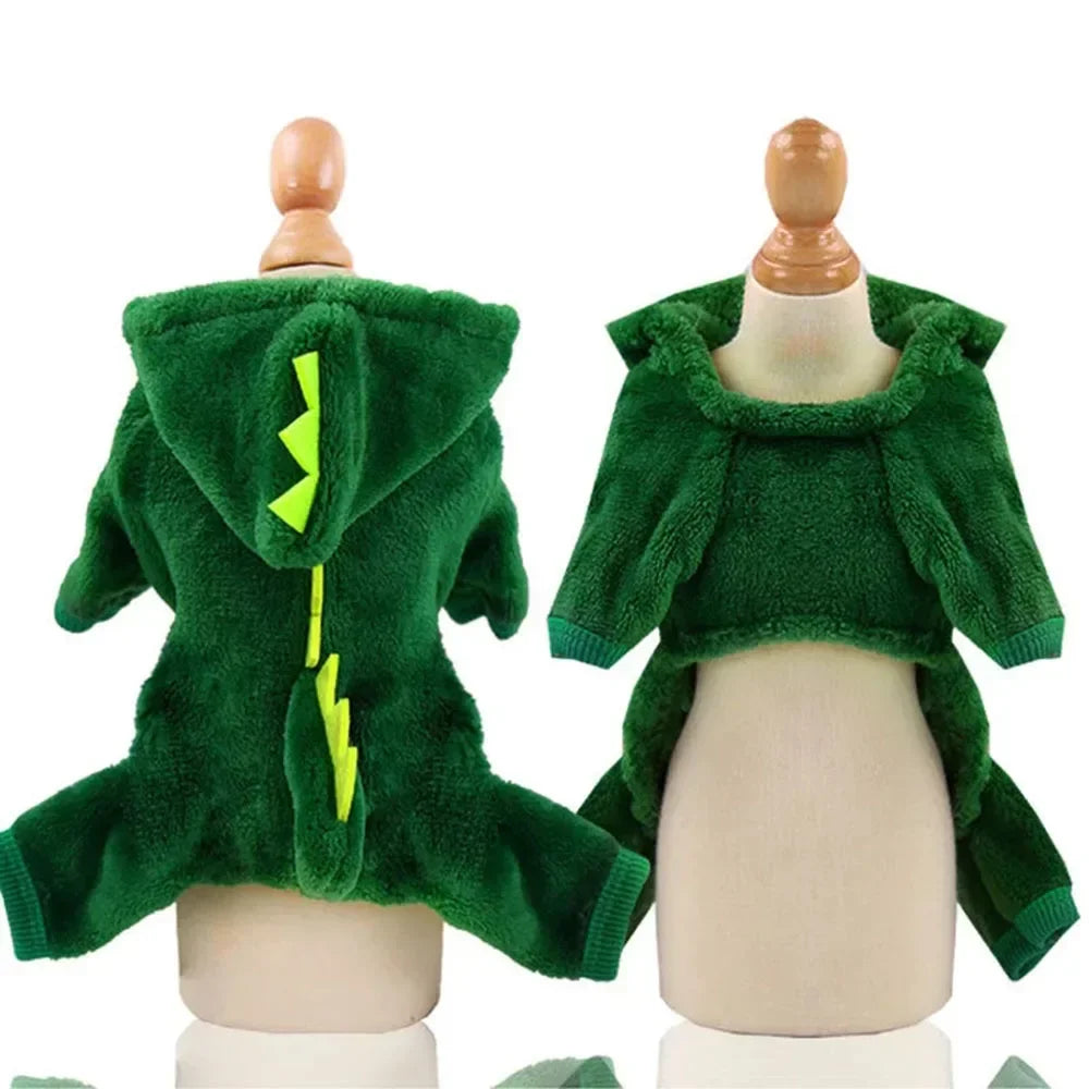 Halloween Dinosaur Cosplay Costume for Small Dogs & Cats - Warm Fleece Hoodie Sweater Pet Clothes Winter Pet Coat