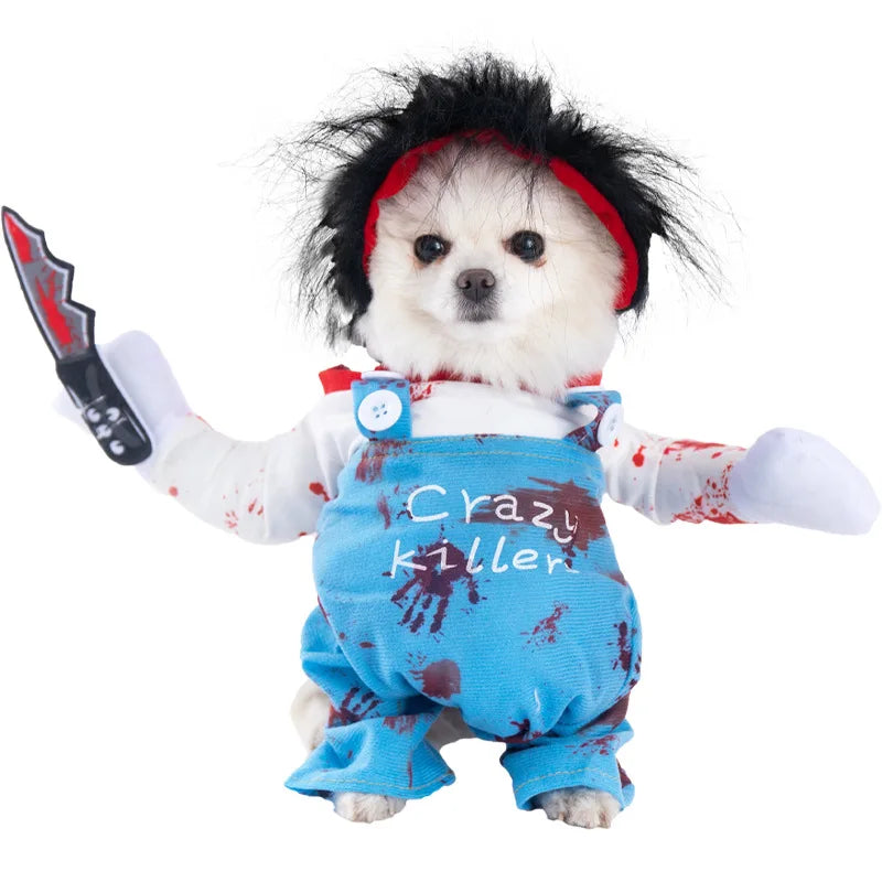 Halloween Dagger Pet Transformation Dress Funny Knife Holding Dog Clothes Cat Standing Outfit 100% Cotton Dog Jumpsuit Romper