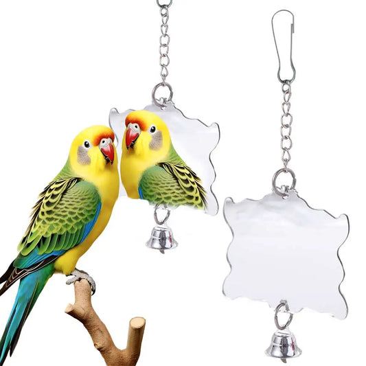 Acrylic Bird Cage Mirror Hanging Square Bell Toy Durable for Parrots Parakeets Cockatiels Finches - Pet Supplies Bird Accessory