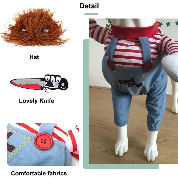 Halloween Dagger Pet Transformation Dress Funny Knife Holding Dog Clothes Cat Standing Outfit 100% Cotton Dog Jumpsuit Romper