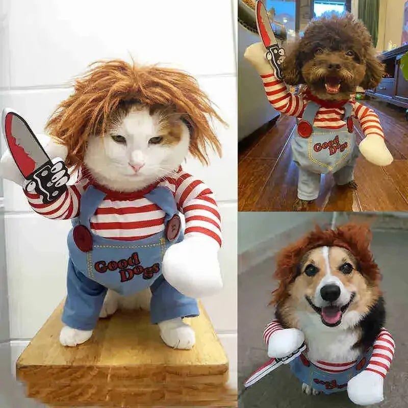 Halloween Dagger Pet Transformation Dress Funny Knife Holding Dog Clothes Cat Standing Outfit 100% Cotton Dog Jumpsuit Romper
