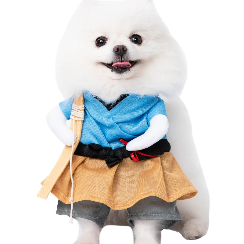 Halloween Dagger Pet Transformation Dress Funny Knife Holding Dog Clothes Cat Standing Outfit 100% Cotton Dog Jumpsuit Romper