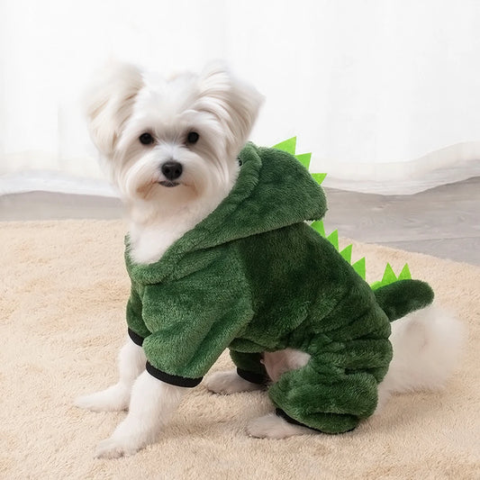 Halloween Dinosaur Cosplay Costume for Small Dogs & Cats - Warm Fleece Hoodie Sweater Pet Clothes Winter Pet Coat