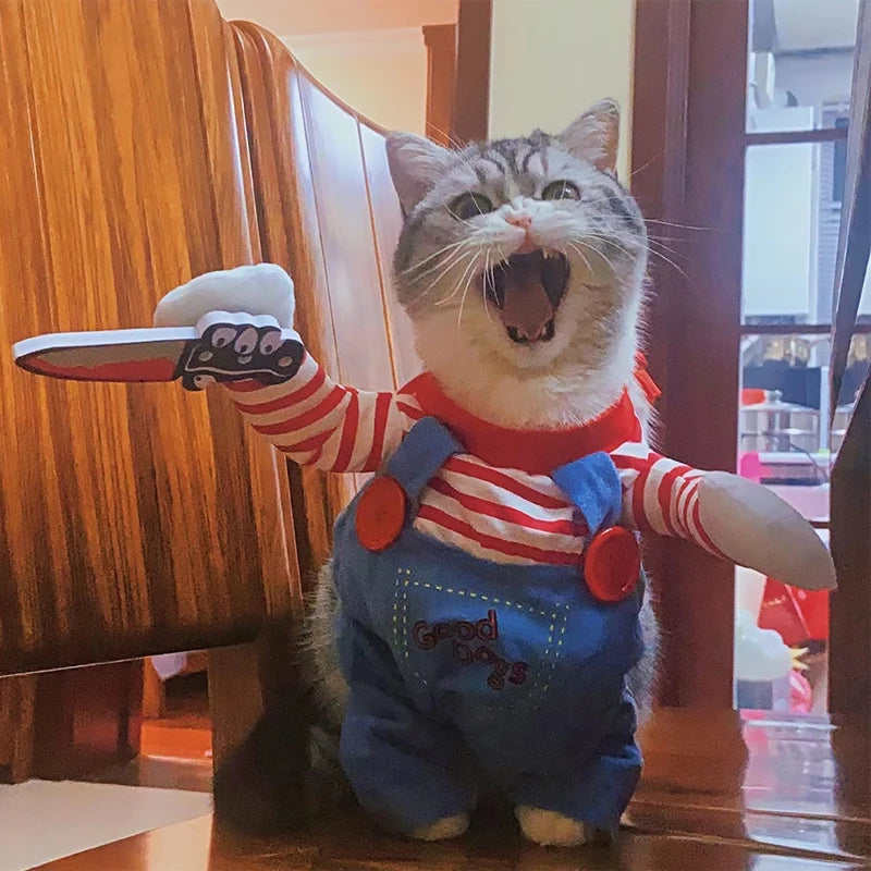 Funny Cat Halloween Cosplay Costume Soft Warm Polyester Jumpsuit for Small Medium Dogs - Creative Pet Party Outfit All Seasons