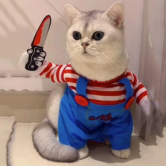 Funny Cat Halloween Cosplay Costume Soft Warm Polyester Jumpsuit for Small Medium Dogs - Creative Pet Party Outfit All Seasons
