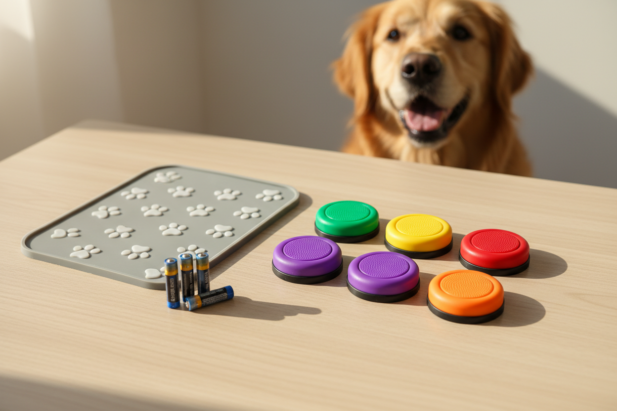 Dog communication sound buttons set flat lay with mat, batteries and a golden retriever in background